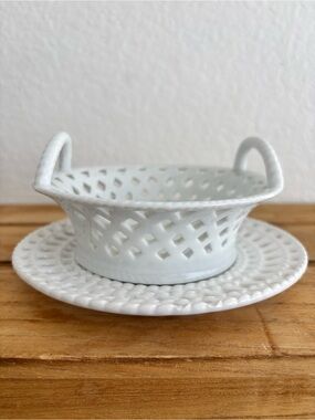 Vintage 2 Handle Lattice Reticulated Basket & White Barn Candle Co Plate Set